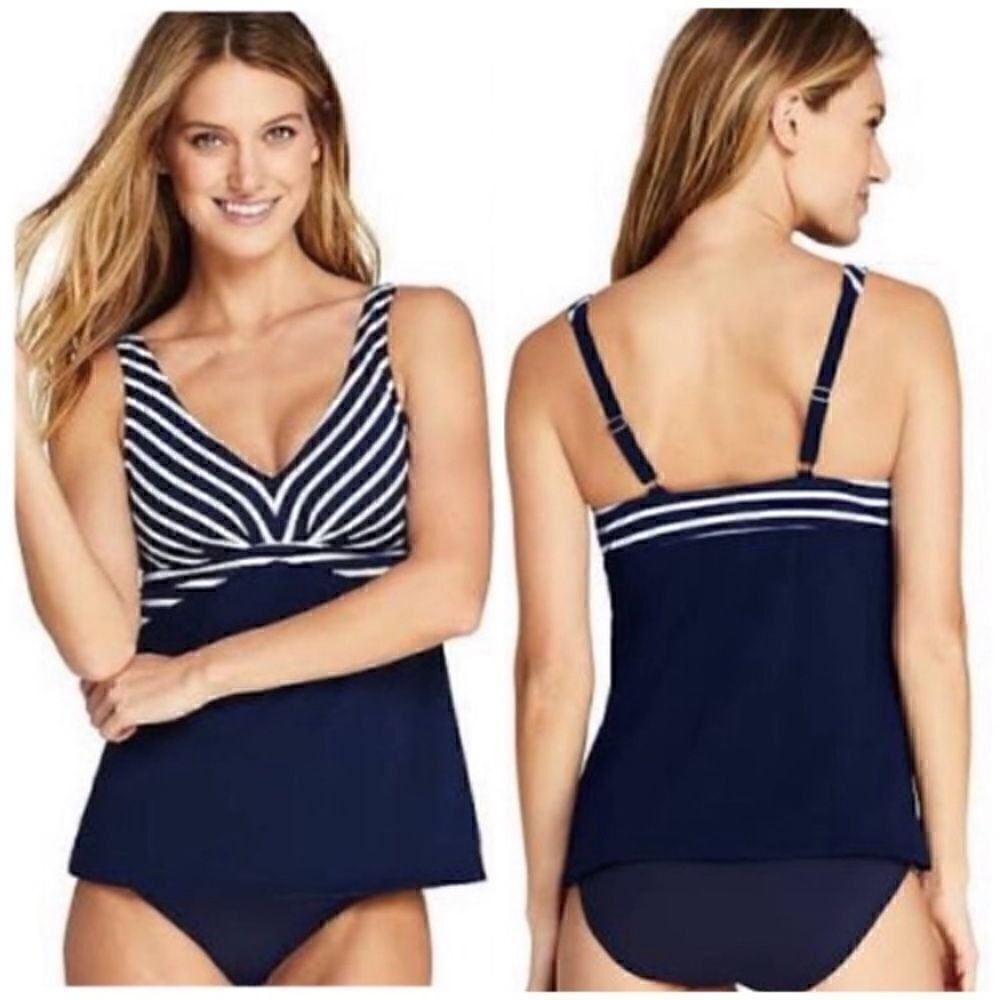 Land’s End soft cup adjustable strap Vneck tankini blue white stripe various